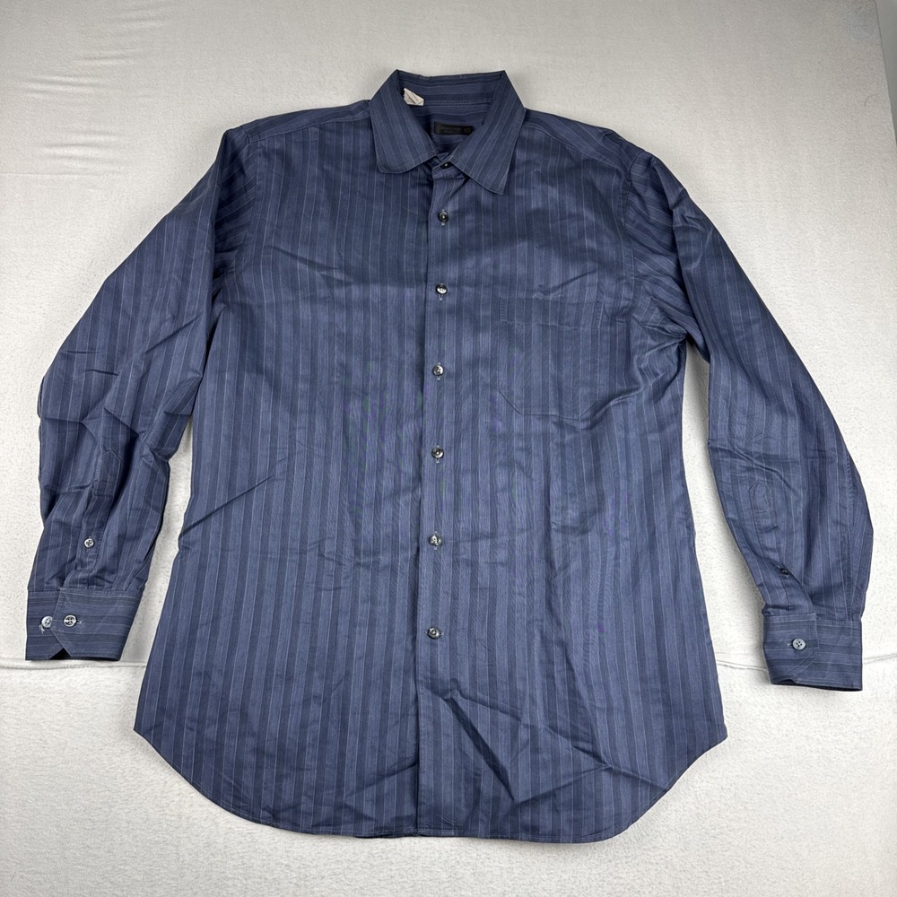 Corneliani Mens Blue Black Striped Dress Shirt Large 17 Cotton Office Business